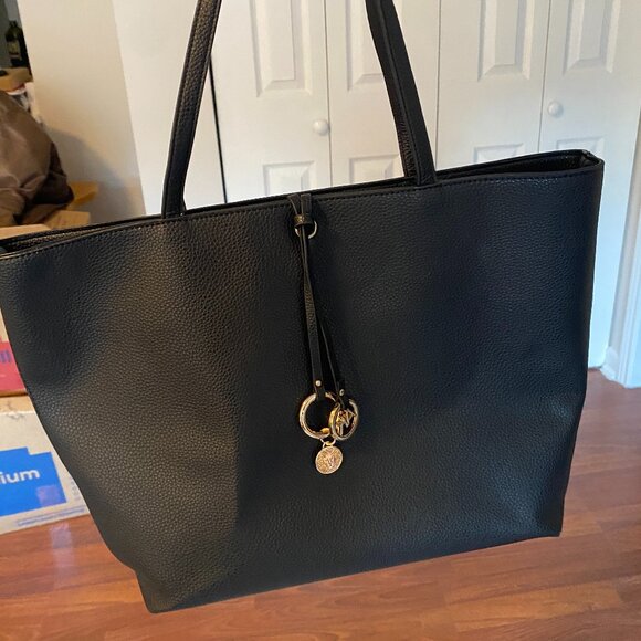 Anne Klein Black Faux Leather Tote with Gold Accents and Charms - Picture 1 of 10